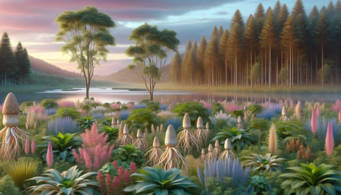 Risks of Adaptogen Overuse: A serene landscape with glowing ginseng and ashwagandha, symbolizing adaptogens' role in combating stress and enhancing well-being.