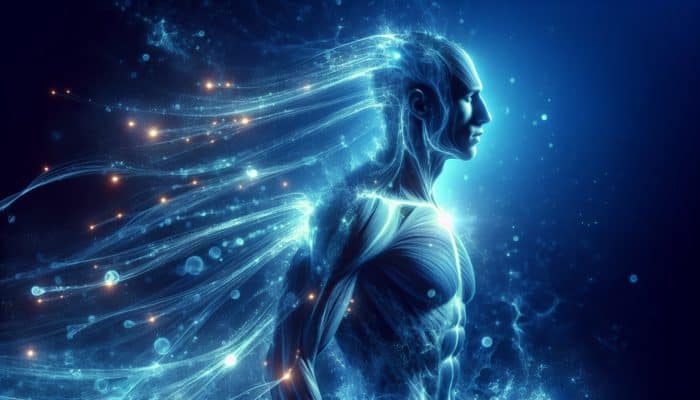 Timing Omega-3 for Recovery: Athlete in glowing blue omega-3 water, light streams showing reduced inflammation and recovery.