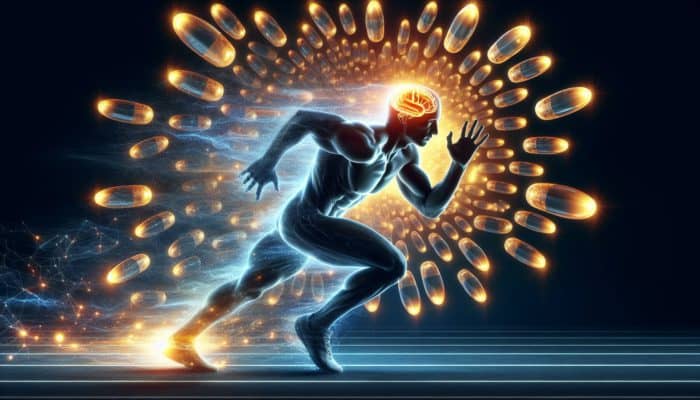 An athlete surrounded by glowing omega-3 capsules, brain illuminated by DHA, symbolizing mental clarity post-exercise.