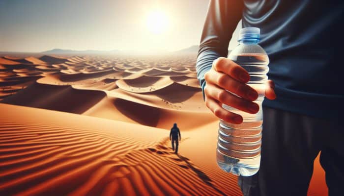 Hydration Supplements Trending Now: Person in Sahara using hydration supplements, clear bottle with electrolytes, vast sand dunes, bright sun.