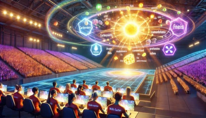 Supplements for Esports Athletes: Esports athletes in arena, focused on screens, surrounded by glowing macronutrient symbols enhancing performance.