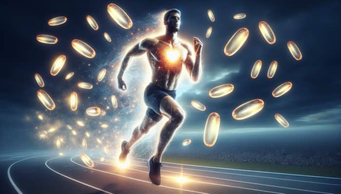 Omega-3 Benefits for Athletes: Athlete running effortlessly with glowing heart, surrounded by omega-3 capsules, symbolizing endurance and lower resting heart rate.