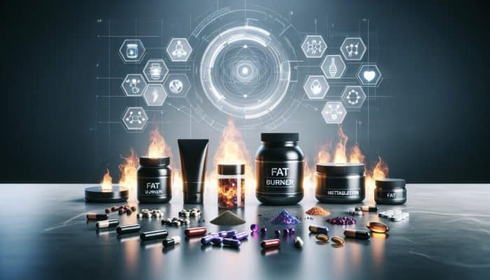 Are Fat Burners Safe for Athletes: Fat burner supplements in pill, powder, and liquid forms on a modern table, with metabolism symbols.