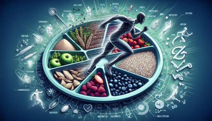 How Runners Fuel with Supplements: A runner's plate with whole grains, fruits, and lean proteins, surrounded by energy and muscle recovery symbols.