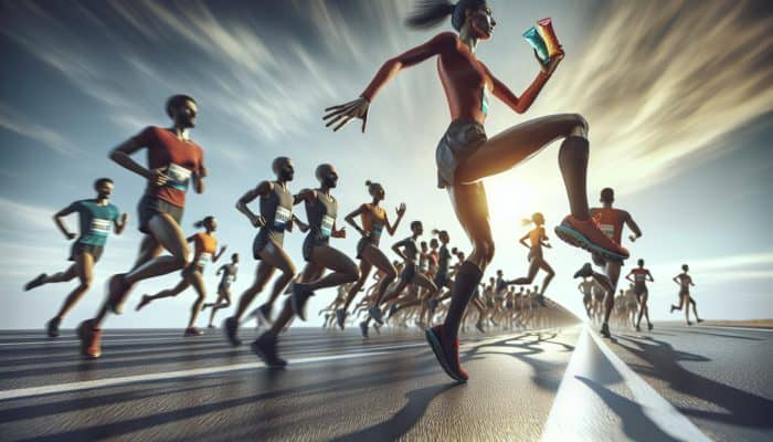 Runner reaching for energy gel during marathon, symbolizing speed and endurance.