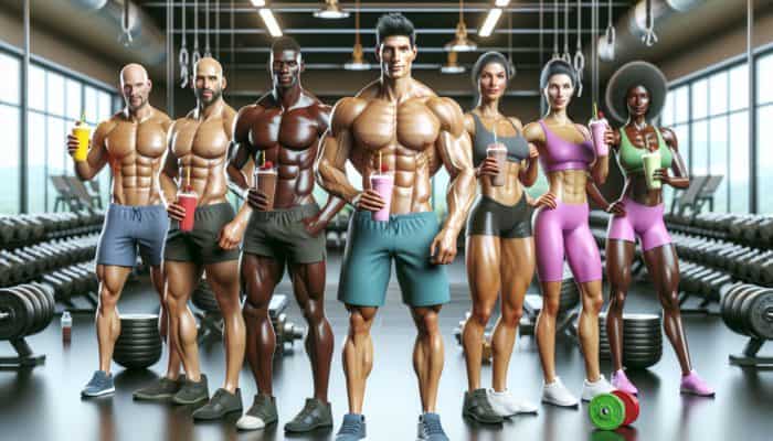 Supplements in Gym Culture:A diverse group of fitness enthusiasts in a gym with protein shakes, showcasing muscle definition and vitality.