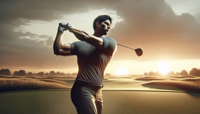 Supplements for Golf Endurance: A golfer swinging powerfully on the 18th hole at sunset, demonstrating endurance.