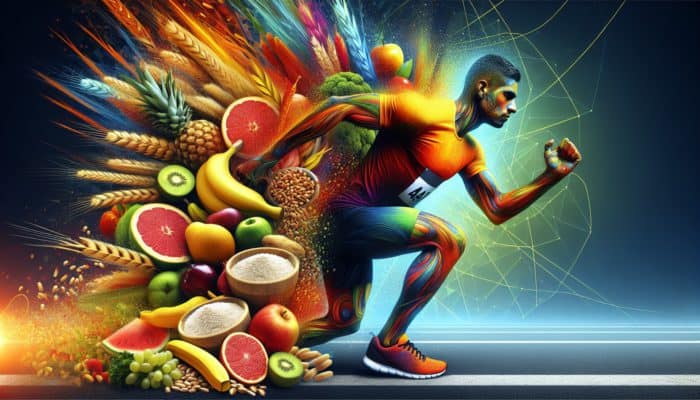 Best Supplements For Marathon Training: A runner at a marathon start, surrounded by whole grains, fruits, vegetables, symbolizing carbohydrate loading.