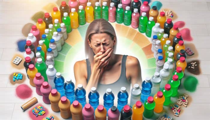 Risks of Overusing Electrolytes: Person surrounded by sports drinks and supplements, feeling nauseated due to electrolyte imbalance.
