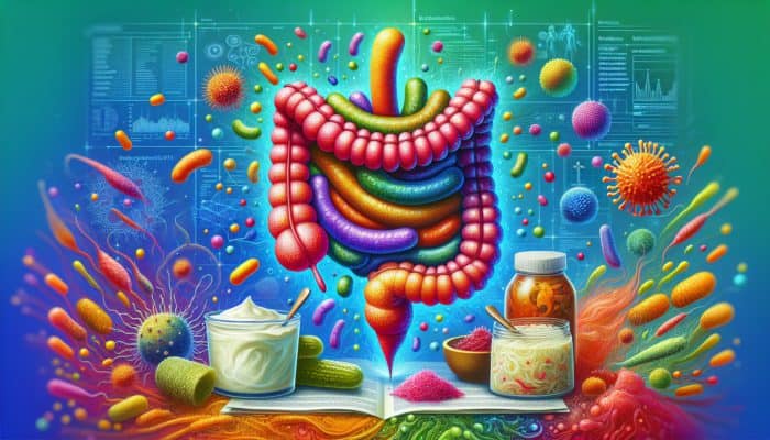 Probiotic Boosts for Performance: Illustration of gut microbiota with friendly bacteria in yogurt, kefir, sauerkraut, and kimchi, enhancing digestive health and immune function.
