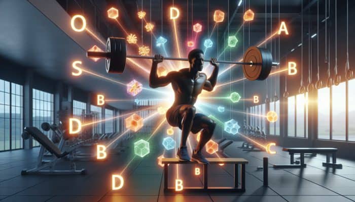 Best Beginner Multivitamins For Fitness: A person lifting weights with glowing vitamins D, B, and C around, symbolizing muscle recovery.