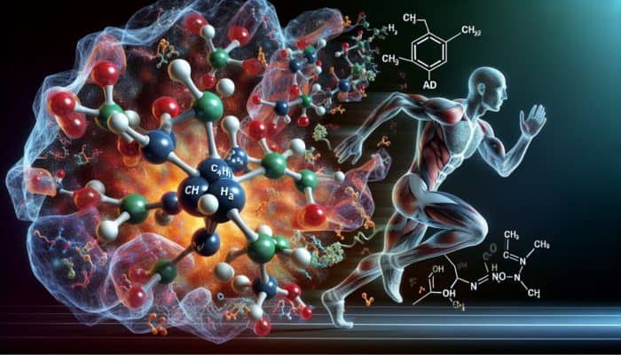 Creatine in Everyday Fitness: Molecular model of creatine showing phosphate transfer to ADP, regenerating ATP, with muscle fibers and sprinting athlete.