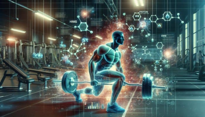 Stacking HMB with Protein: A person lifting weights in a gym, with HMB and protein molecules, showing accelerated muscle growth.