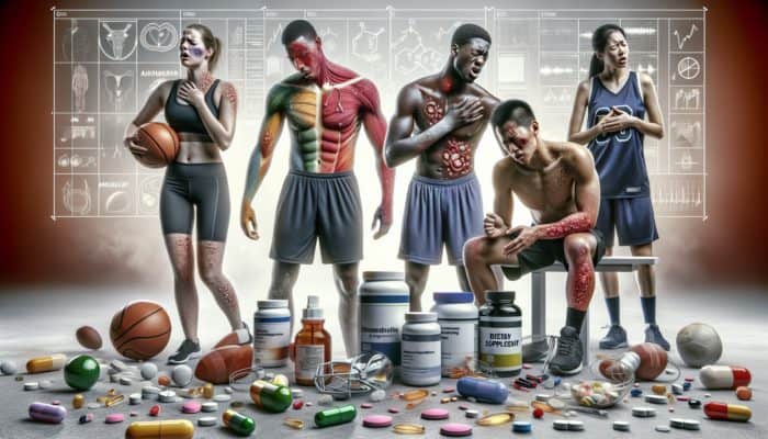 Supplement Allergies in Athletes: Athlete surrounded by supplements, experiencing allergic reactions from mild to severe, impacting performance and health.