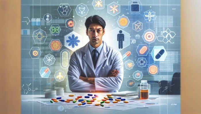 Person surrounded by supplements, experiencing allergic reactions in a clinical research setting.
