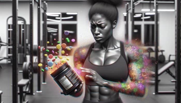 Beginner Mistakes With Pre-Workouts: A person in a gym confused by a supplement label, with visual effects of jitters and nausea.