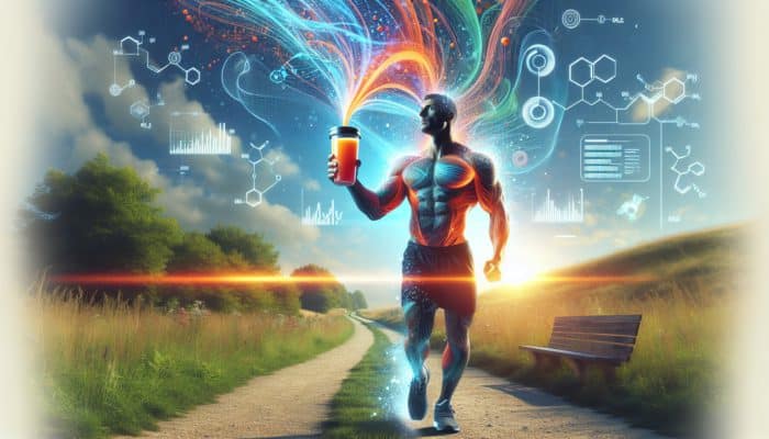 Trending Pre-Workouts: Person entering gym with trail visible, holding pre-workout drink, caffeine molecules swirling, enhancing energy and alertness.
