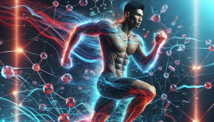 Muscular athlete mid-workout with glowing red and blue streams and nutrient molecules around.
