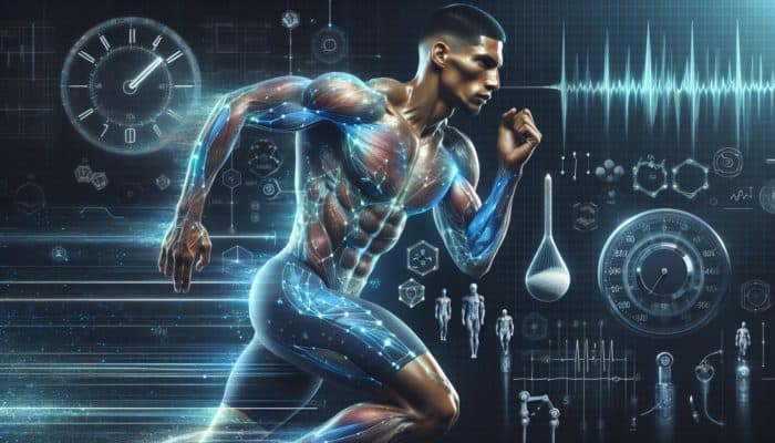 Athlete sprinting with glowing blue muscle fibers, symbolizing beta-alanine's endurance enhancement, against stopwatch and weights.