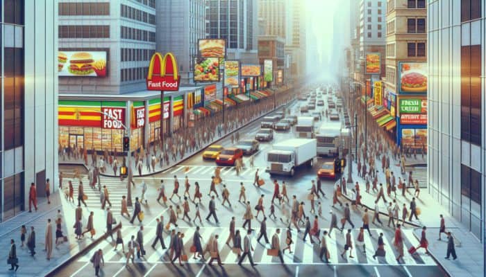Supplements in Urban Fitness: A bustling cityscape with fast food and limited fresh produce, showing urban diet's nutritional deficiencies.