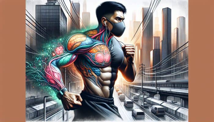 Urban fitness enthusiast jogging in polluted city, protected by antioxidant aura.