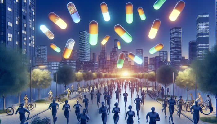 A cityscape at dusk with joggers and cyclists, surrounded by glowing vitamin capsules.