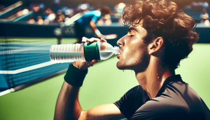 Hydration for Tennis Matches: A tennis player drinking water, sweating, on a sunlit court, highlighting hydration's importance.