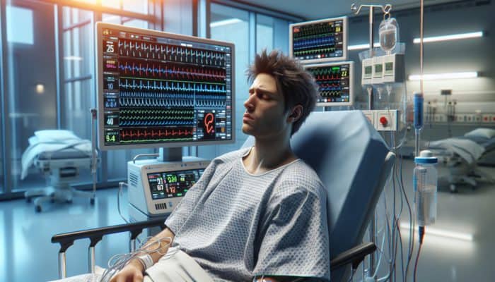 Person in clinical setting showing caffeine supplement side effects: insomnia, jitteriness, increased heart rate.
