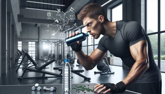 Athlete drinking caffeine dose 30 minutes before workout, staying hydrated in modern gym.