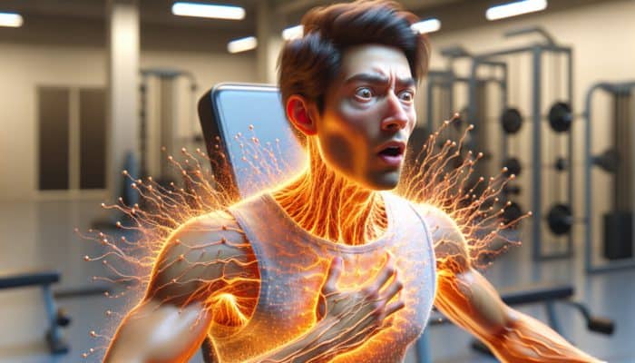 Side Effects of Beta-Alanine Tingling: Person lifting weights in gym, experiencing tingling sensation on face, neck, and arms, with a surprised yet focused expression.