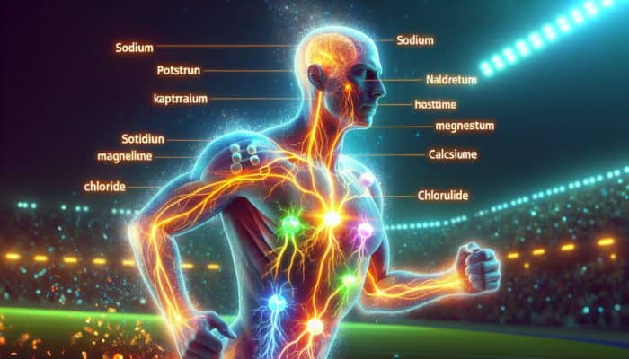 Electrolytes in Summer Sports: Glowing minerals powering an athlete's hydration and muscle function during summer sports.