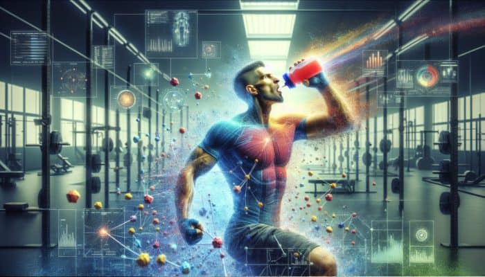 Avoiding Jitters From Pre-Workouts: Athlete drinking energy-boosting pre-workout supplement, with bursts of energy and focus, in gym.