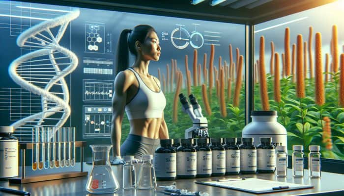 Athlete in lab with genetic testing equipment, personalized sleep supplements, and ashwagandha plants for stress relief.