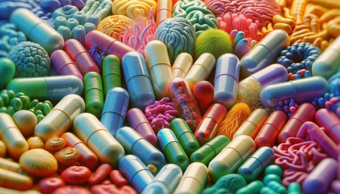 Colorful probiotic capsules labeled with strains like Lactobacillus and Bifidobacterium on a health-themed background with gut illustrations.