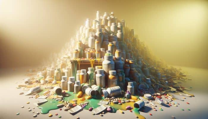 Risks of Low-Quality Multivitamins: Bottles of low-quality multivitamins leaking, surrounded by outdated labels and harmful additives on a cluttered table.
