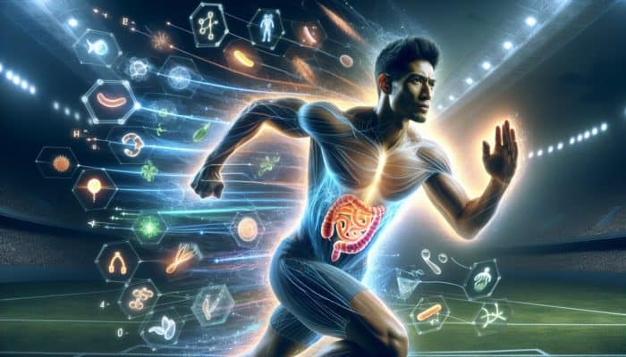 Gut Health Supplements for Athletes: Athlete with healthy gut microbiome, surrounded by nutrients and energy, showing enhanced performance and recovery.
