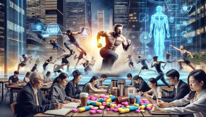 Best Caffeine Supplements Tested: Caffeine supplements in pills, powders, and drinks energizing people in a Tokyo gym and Copenhagen study space.