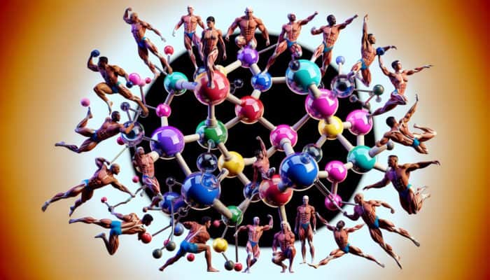 Combining HMB With Nutrition: Molecular structure of HMB with athletes in action, representing muscle growth and recovery.