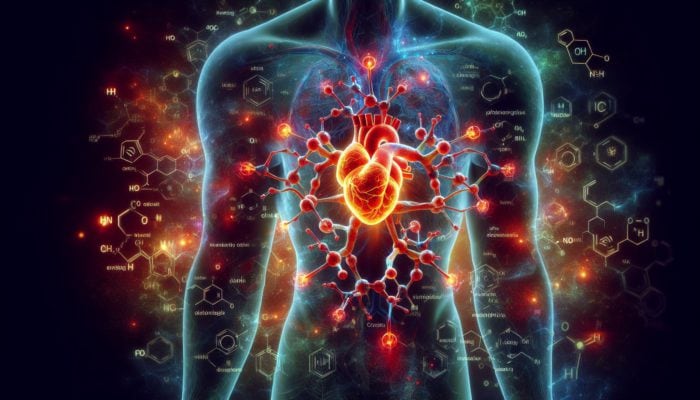 Nitric Oxide Trends This Year: A glowing nitric oxide molecule expanding blood vessels, enhancing cardiovascular health and vitality.