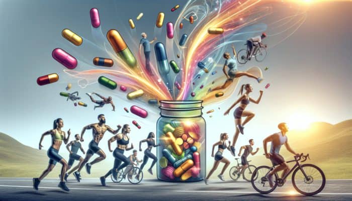 Supplements for Weekend Warriors: Weekend warriors hiking, cycling, and playing sports, surrounded by colorful supplements enhancing performance and recovery.