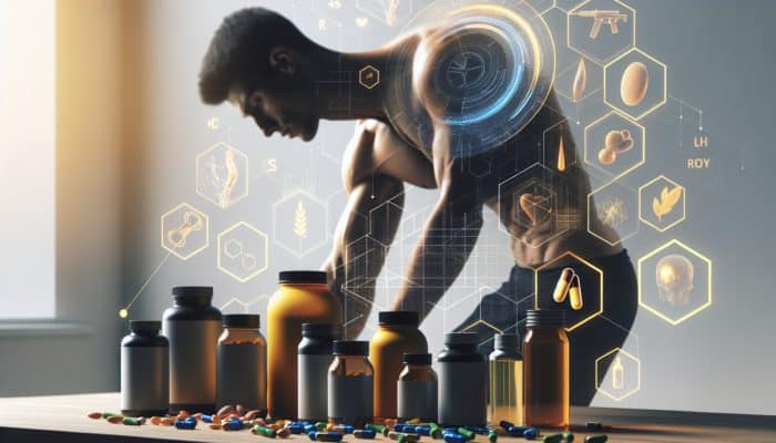 Supplements for Faster Recovery: Bottles and capsules of recovery supplements with vitamins, minerals, and amino acids, athlete stretching in background.