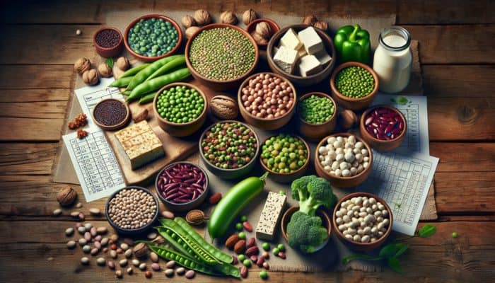 Stacking Plant-Based Proteins Effectively: A colorful arrangement of plant-based proteins like legumes, grains, and tofu on a rustic wooden table.