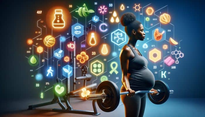 Supplements for Pregnant Lifters: Pregnant woman lifting weights, surrounded by symbols of carbs, proteins, and fats for pregnancy nutrition.