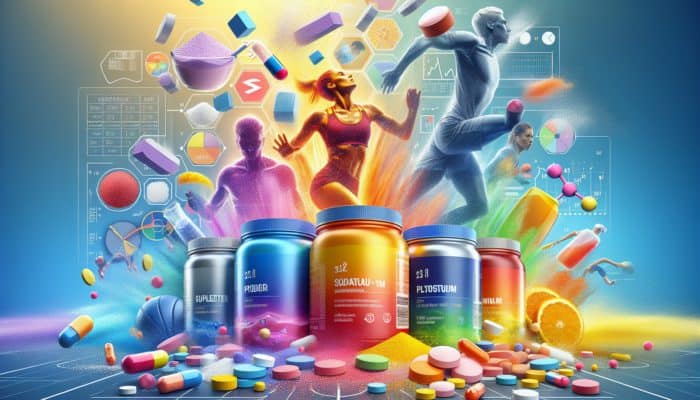 Hydration Supplements With Snacks: A vibrant display of hydration supplements in various forms with athletes in the background.