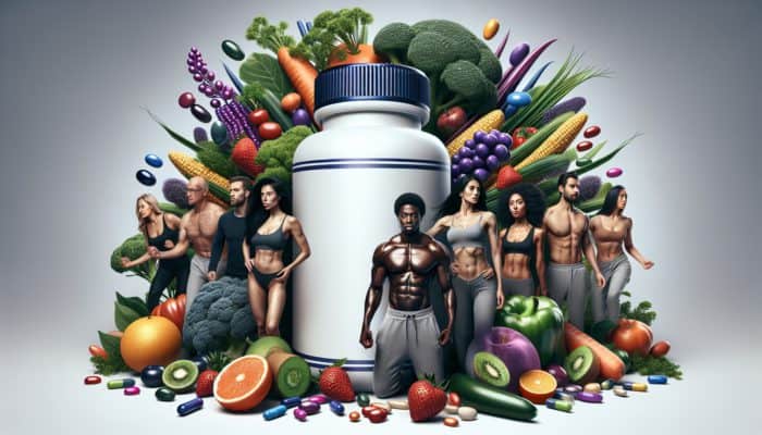 A personalized multivitamin bottle with diverse, vibrant people and healthy fruits and vegetables.