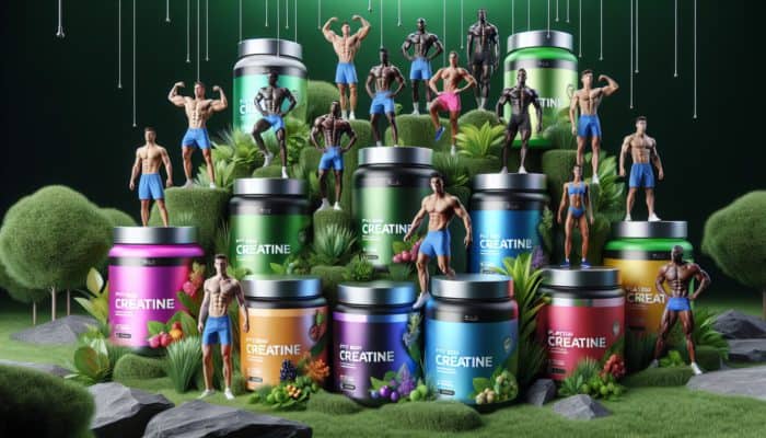 Plant-Based Creatine Alternatives: Plant-based creatine supplements in eco-friendly packaging, surrounded by greenery and active athletes.