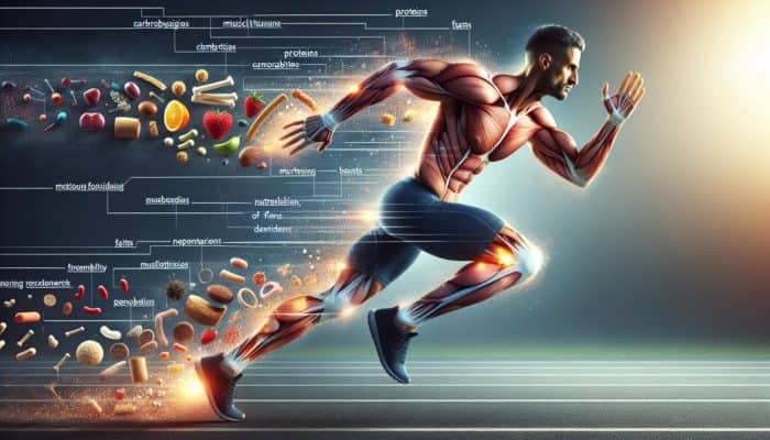 Enhancing Agility With Proper Nutrition: Athlete sprinting with visual representations of carbohydrates, proteins, and fats, emphasizing their role in performance.