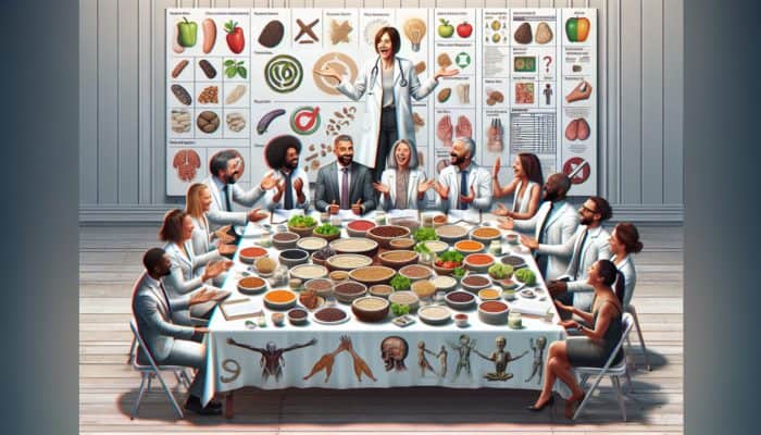 A table with tofu, lentils, quinoa, and nutrition experts discussing, with charts and graphs.