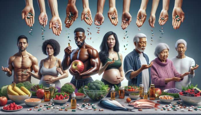 Supplements Vs. Whole Foods For Beginners: A diverse group reaching for supplements like vitamin B12 and omega-3, with healthy foods in the background.