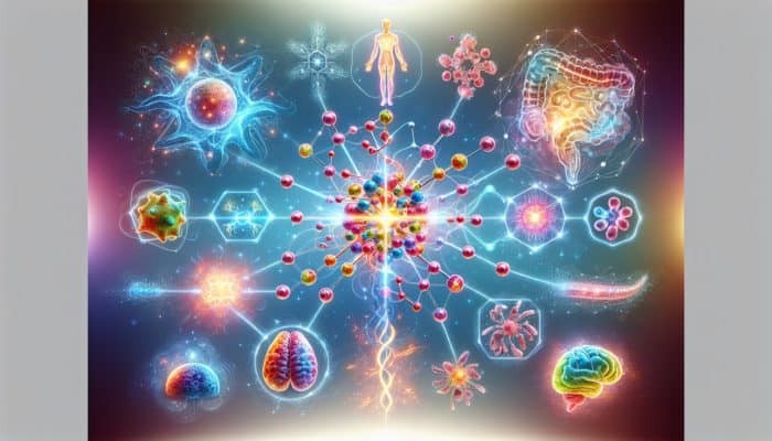 Risks of Glutamine Overload: A vibrant molecular structure of glutamine with glowing representations of protein synthesis, immune cells, gut health, and brain neurons, connected by radiant energy flows.